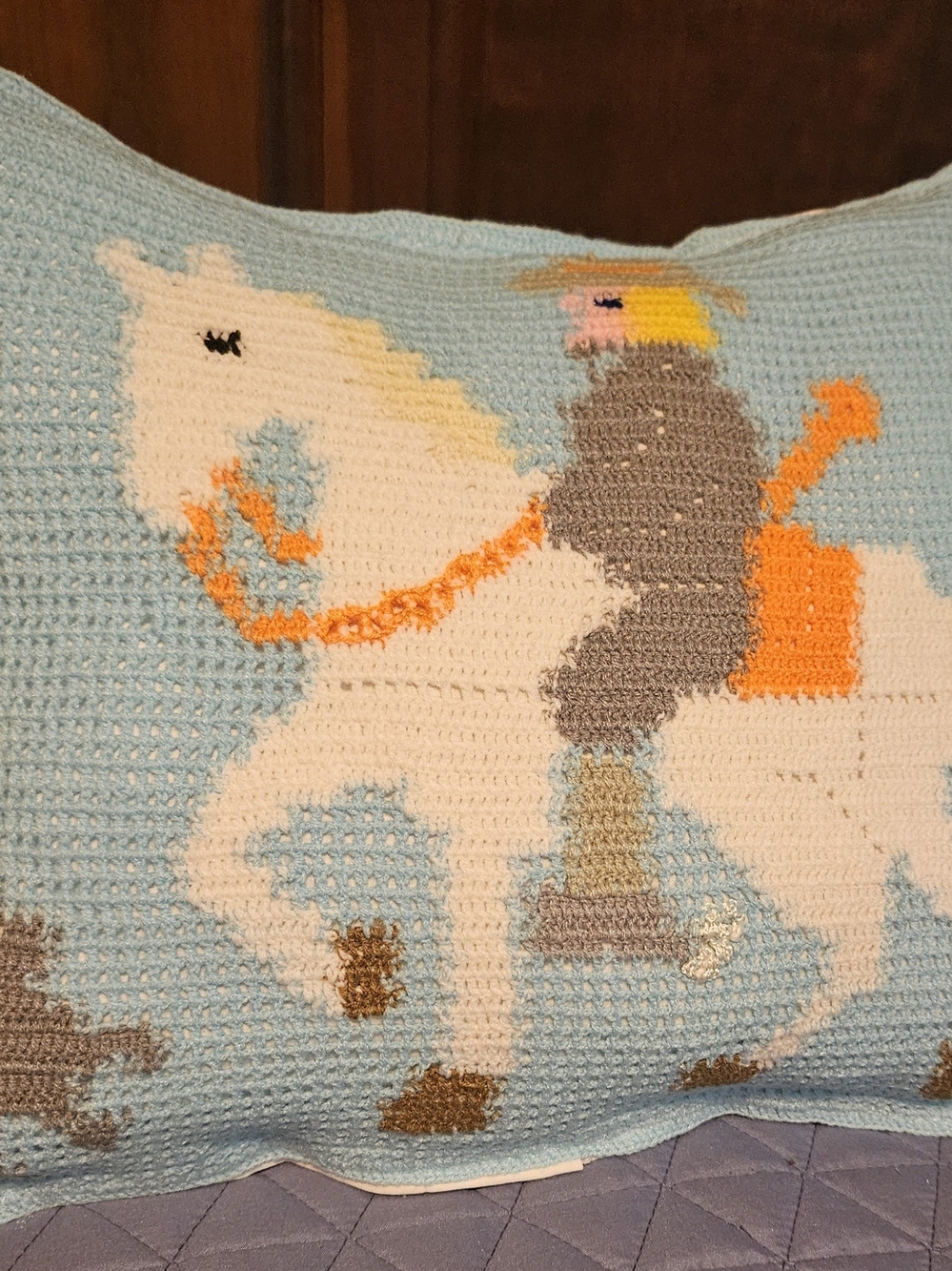 Handmade Light Blue Crochet Horseman Pillow Cover with White Horse and Brown Dog